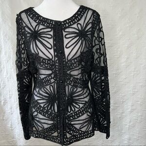 NWT. Maggie by Tablecloth Black Mesh Embroidered 3/4 Sheer Blazer